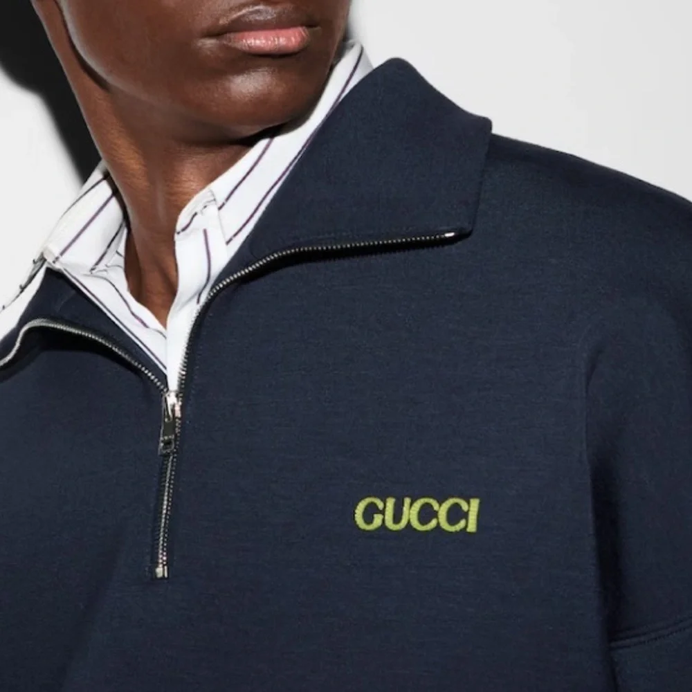 Gucci Logo Patch Knitted Scuba Embroidered Blue Half Zip Sweatshirt sz L